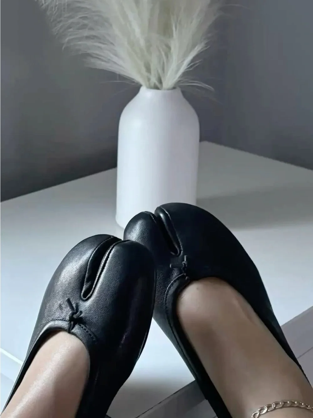 Women's Black Split-Toe Leather Flats